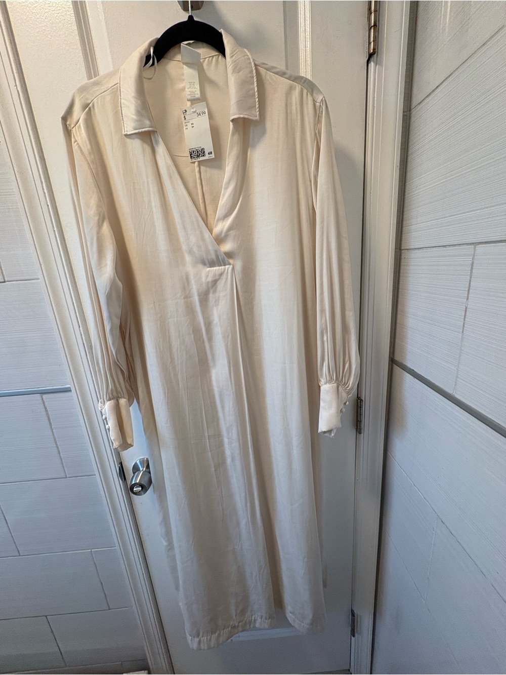 H&M Ivory Satin Oversized Midi Shirt Dress Long Sleeve XS NWT